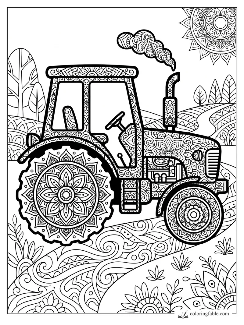 Intricate mandala tractor with floral wheels, patterned smoke, sun, trees, and curving farm fields