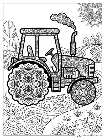 Intricate mandala tractor with floral wheels, patterned smoke, sun, trees, and curving farm fields