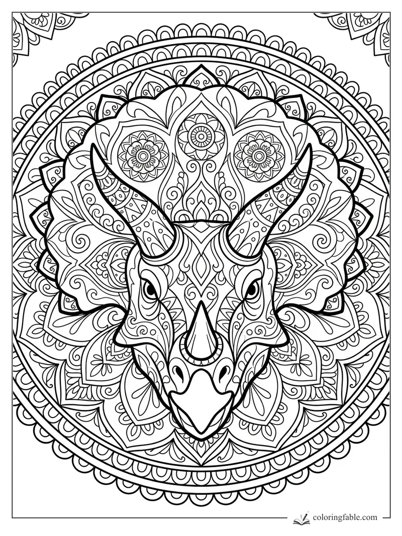 Intricate mandala triceratops head with patterned horns, floral frill, and scalloped circular border