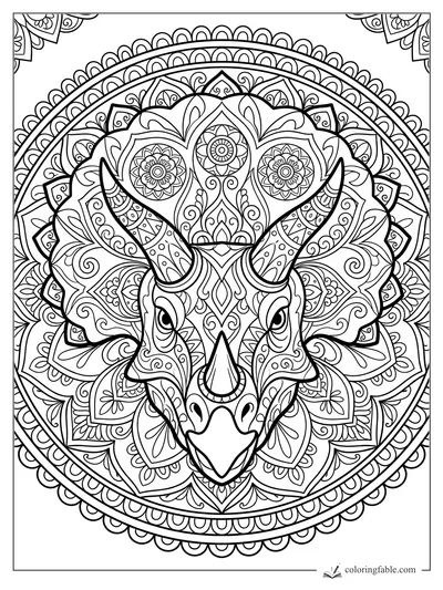 Intricate mandala triceratops head with patterned horns, floral frill, and scalloped circular border