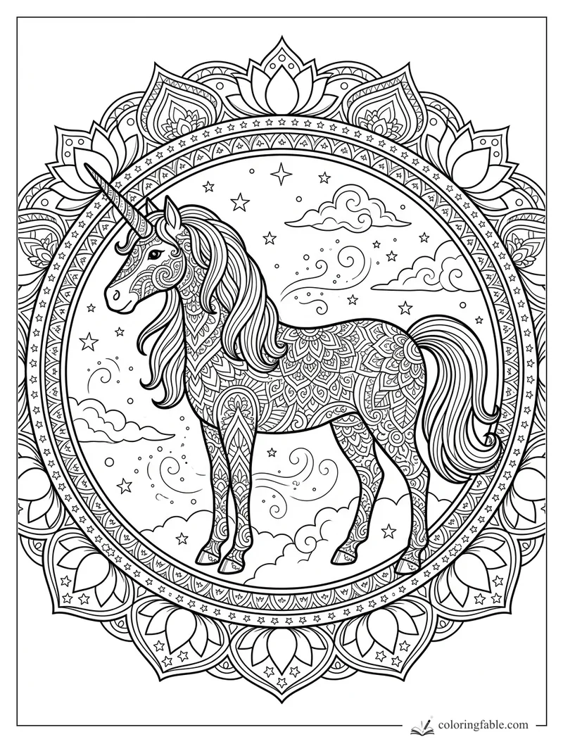 Intricate mandala unicorn with flowing mane, patterned body, stars, clouds, and lotus border