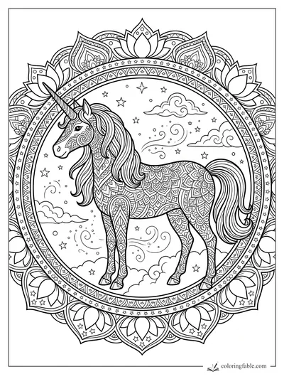 Intricate mandala unicorn with flowing mane, patterned body, stars, clouds, and lotus border