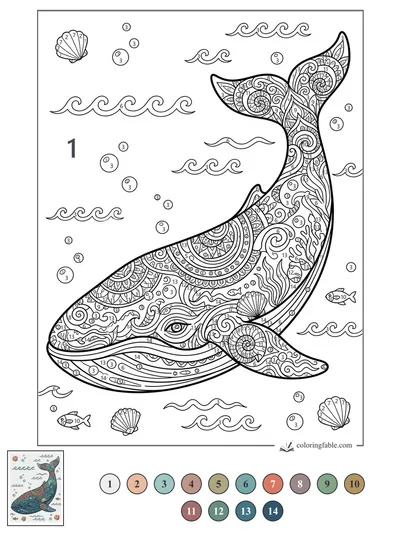 Mandala Whale with Shells, Fish, and Curling Waves — color by number