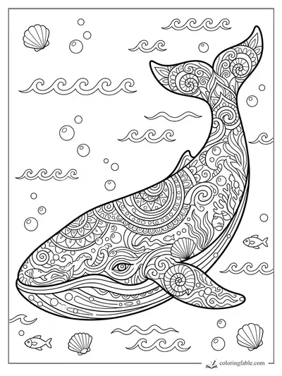 Intricate mandala whale with raised tail, seashells, small fish, bubbles, and curling ocean waves
