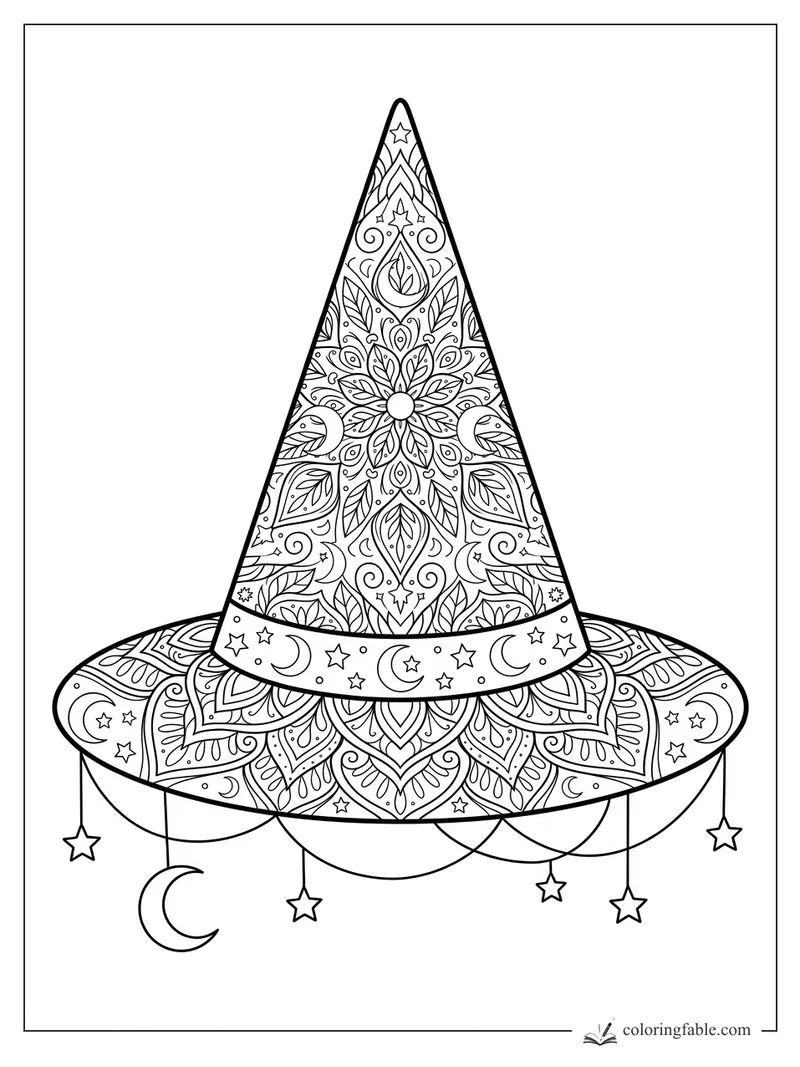 Intricate mandala witch hat with floral panels, stars, crescent moons, and dangling charms.
