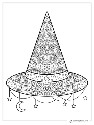 Intricate mandala witch hat with floral panels, stars, crescent moons, and dangling charms.
