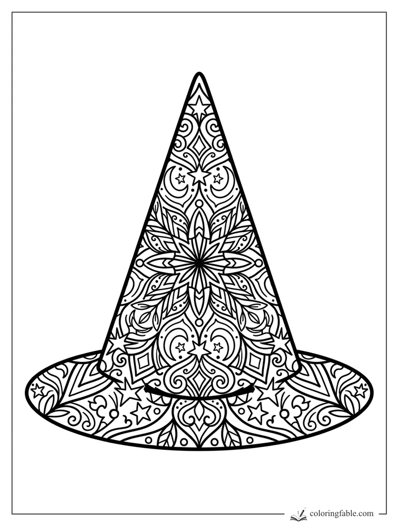 Intricate mandala wizard hat with stars, curls, leaves, and a wide patterned brim