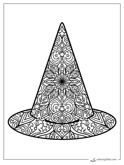 Intricate mandala wizard hat with stars, curls, leaves, and a wide patterned brim