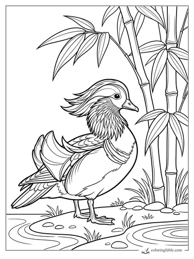 Realistic mandarin duck standing by bamboo stalks and rippling water