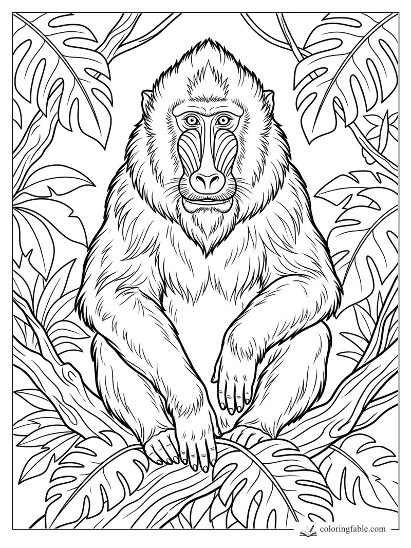 Realistic mandrill sitting on a branch, framed by split tropical leaves and curling vines.