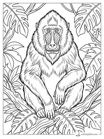 Realistic mandrill sitting on a branch, framed by split tropical leaves and curling vines.