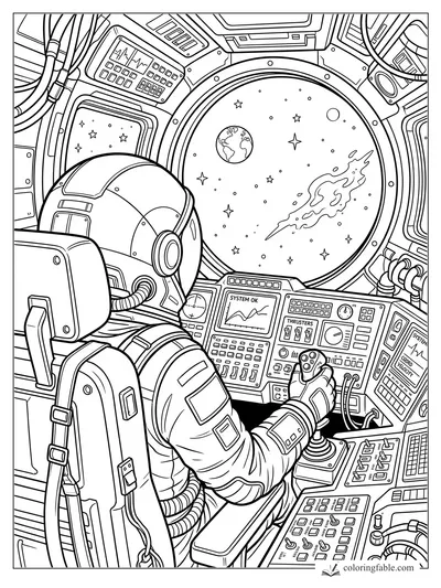 Manga astronaut in a cockpit watching Earth, stars, and a fiery meteor through a round space window