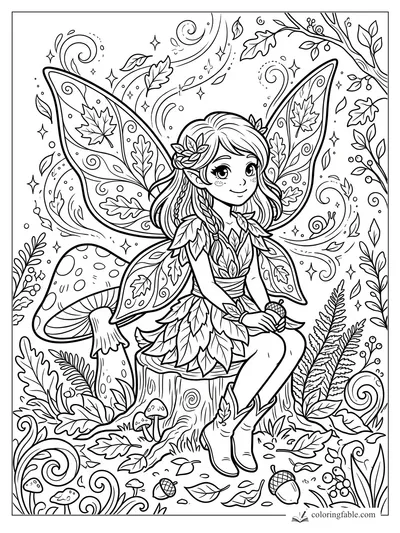 Manga autumn fairy holding an acorn, seated on a stump with leaf-patterned wings, mushrooms, ferns, and swirls.