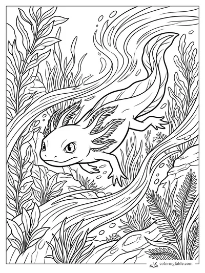Manga axolotl swimming through ribbon-like currents, seaweed, bubbles, rocks, and leafy underwater plants.