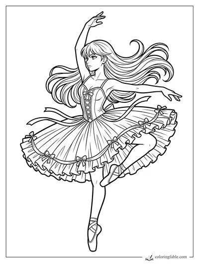 Manga ballerina in pointe pose with flowing hair, bow bodice, and ribbon-trimmed tutu