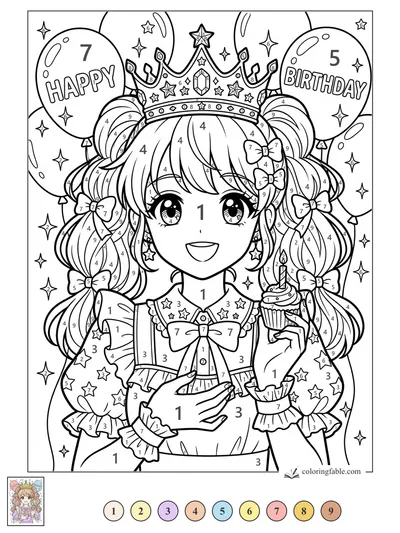 Manga Birthday Princess with Crown and Cupcake — color by number