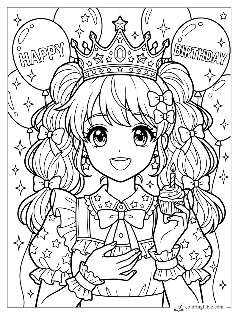 Manga birthday girl in a jeweled crown holding a candle cupcake between Happy Birthday balloons.