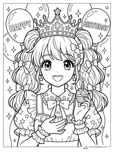 Manga birthday girl in a jeweled crown holding a candle cupcake between Happy Birthday balloons.