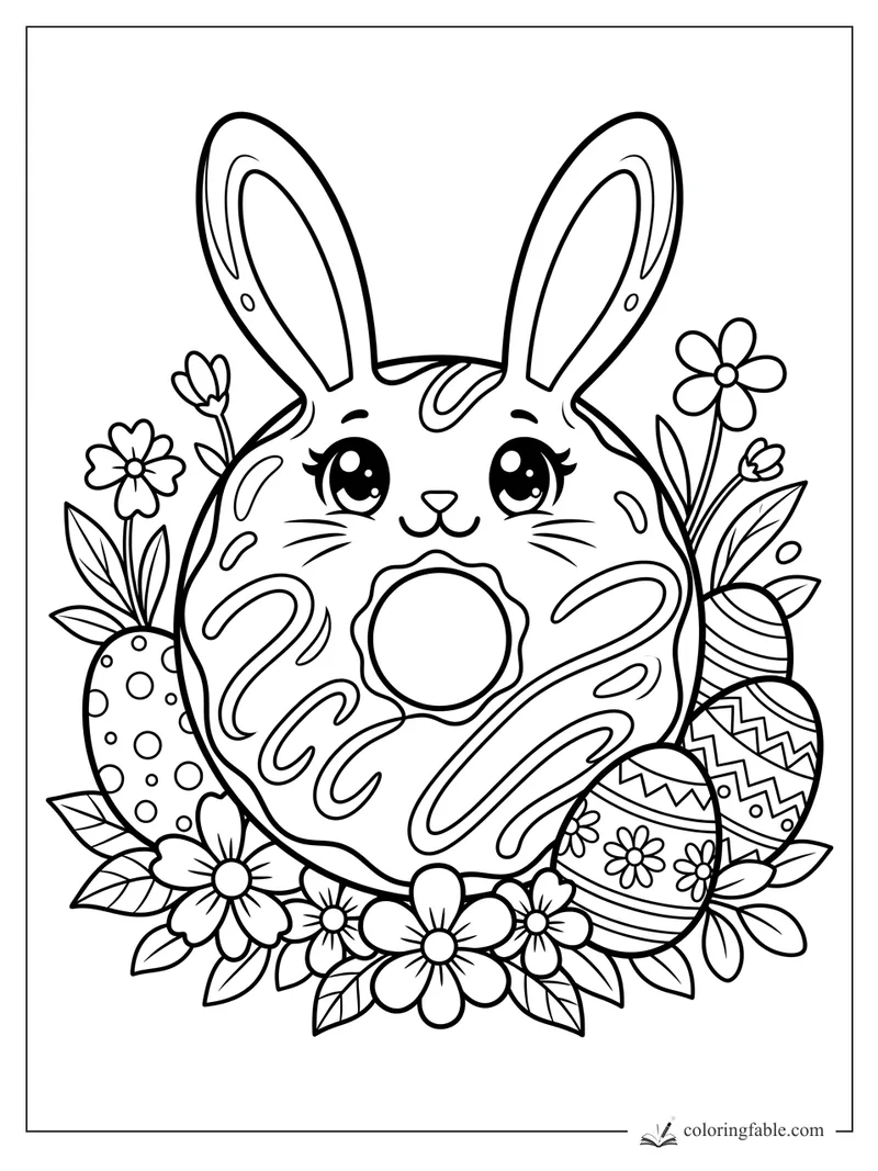 Manga bunny donut with tall ears, icing swirls, Easter eggs, daisies, and leafy flowers.