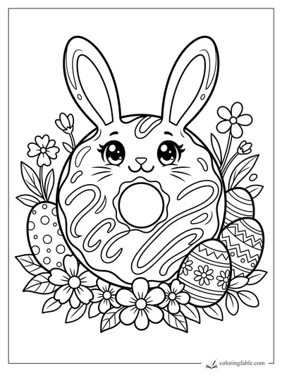 Manga bunny donut with tall ears, icing swirls, Easter eggs, daisies, and leafy flowers.