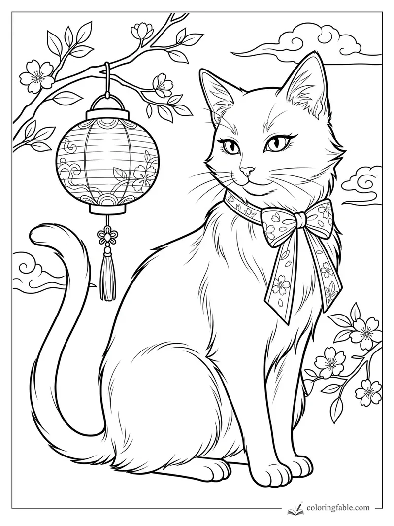 Manga cat wearing a floral bow beside a hanging paper lantern and cherry blossom branches