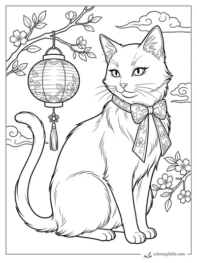Manga cat wearing a floral bow beside a hanging paper lantern and cherry blossom branches