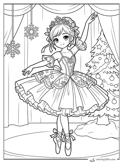 Manga Christmas ballerina posing on pointe beside a decorated tree and hanging snowflakes