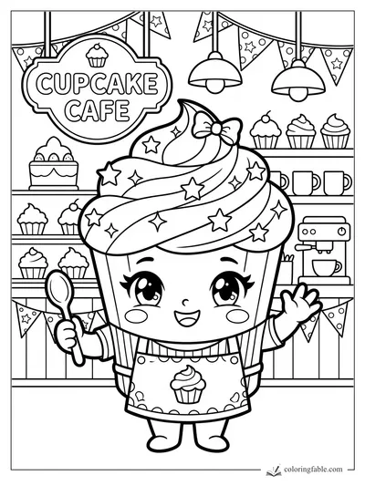 Manga cupcake chef waving with a spoon inside Cupcake Cafe, with star frosting, shelves, mugs, and bunting.