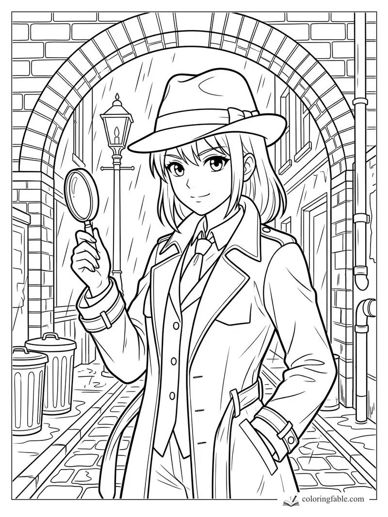 Manga girl detective with magnifying glass in a rainy brick alley under an arch