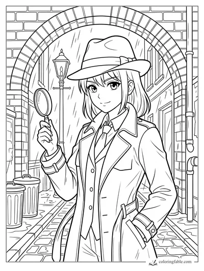 Manga girl detective with magnifying glass in a rainy brick alley under an arch