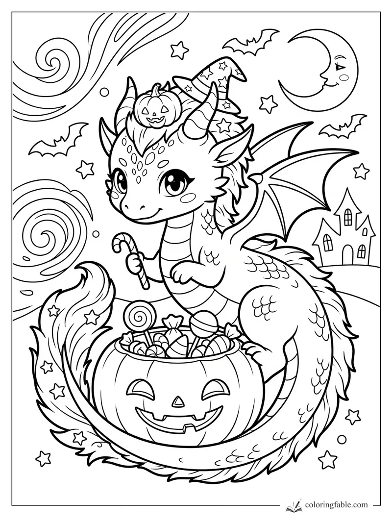 Cute manga dragon with witch hat, wings, candy cane, pumpkin candy bowl, bats, moon, stars, and haunted house