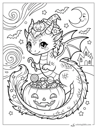 Cute manga dragon with witch hat, wings, candy cane, pumpkin candy bowl, bats, moon, stars, and haunted house