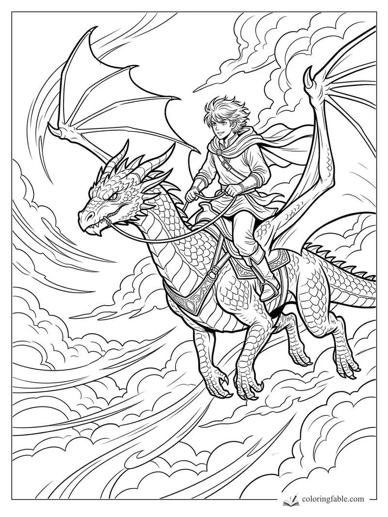 Manga dragon rider flying through clouds on a saddled, winged dragon with reins and wind trails