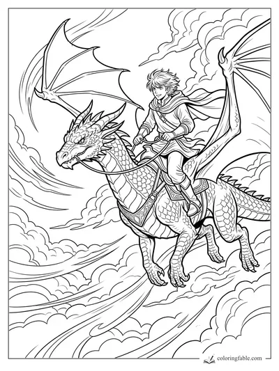 Manga dragon rider flying through clouds on a saddled, winged dragon with reins and wind trails