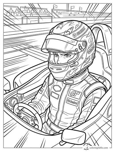 Manga race car driver in a flame helmet grips the wheel before grandstands at the track.