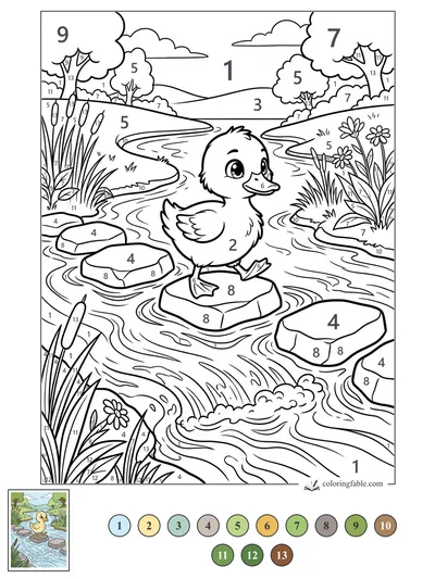 Manga Duckling on a Creek Stone — color by number