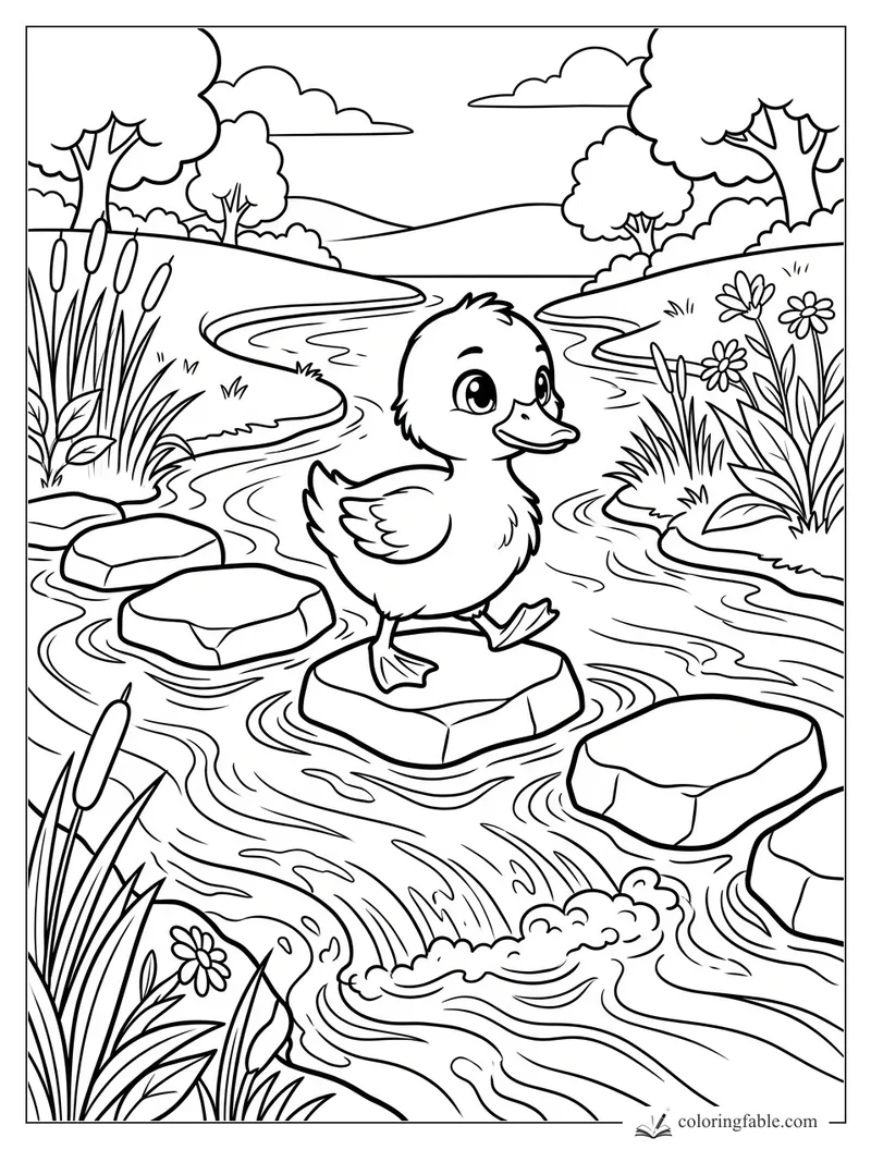 Manga duckling standing on a flat creek rock among cattails, flowers, trees, and winding water