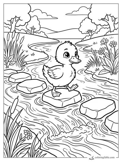Manga duckling standing on a flat creek rock among cattails, flowers, trees, and winding water