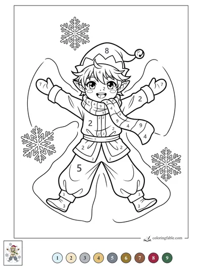 Manga Elf Making a Snow Angel — color by number
