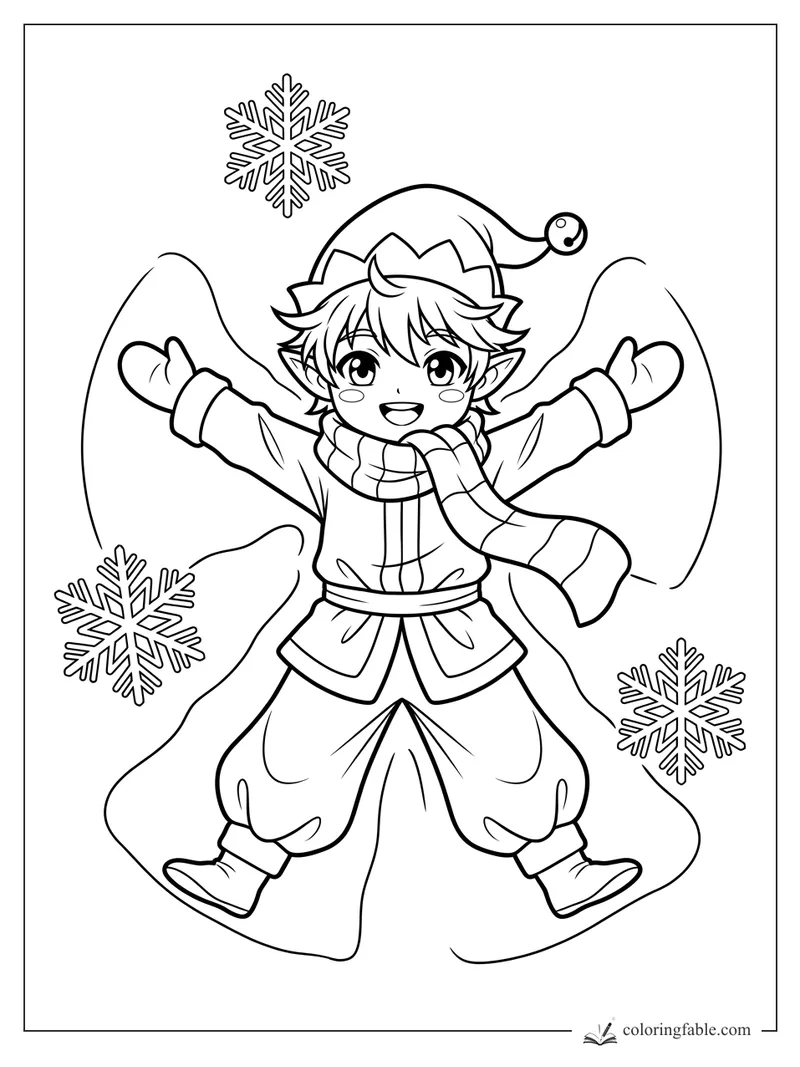 Manga elf smiling in a hat and scarf while making a snow angel among three large snowflakes