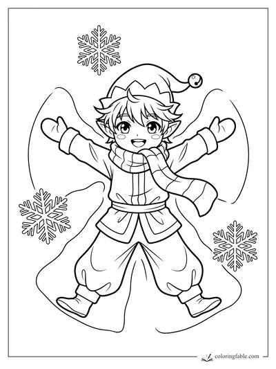 Manga elf smiling in a hat and scarf while making a snow angel among three large snowflakes