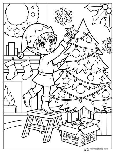 Manga elf on a stool placing a star on a decorated Christmas tree beside stockings and ornament boxes.