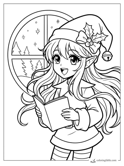 Manga elf girl reading a book by a round snowy window with holly, stars, pine trees, and a jingle bell hat.