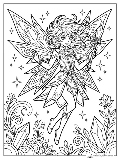 Manga fairy holding a crystal staff, with ornate wings, flowing hair, stars, flowers, and gem clusters.