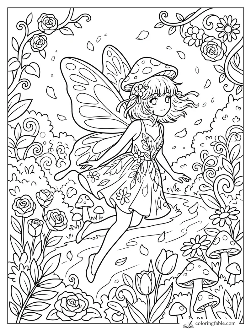 Manga fairy with butterfly wings, mushroom hat, roses, daisies, vines, and spotted mushrooms.