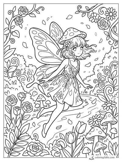 Manga fairy with butterfly wings, mushroom hat, roses, daisies, vines, and spotted mushrooms.