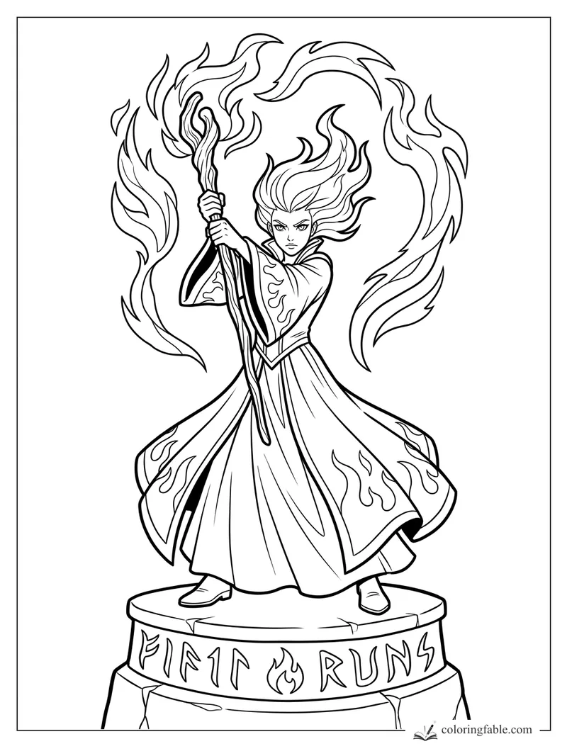 Manga fire mage holding a twisted staff, with swirling flames and rune letters on a stone pedestal
