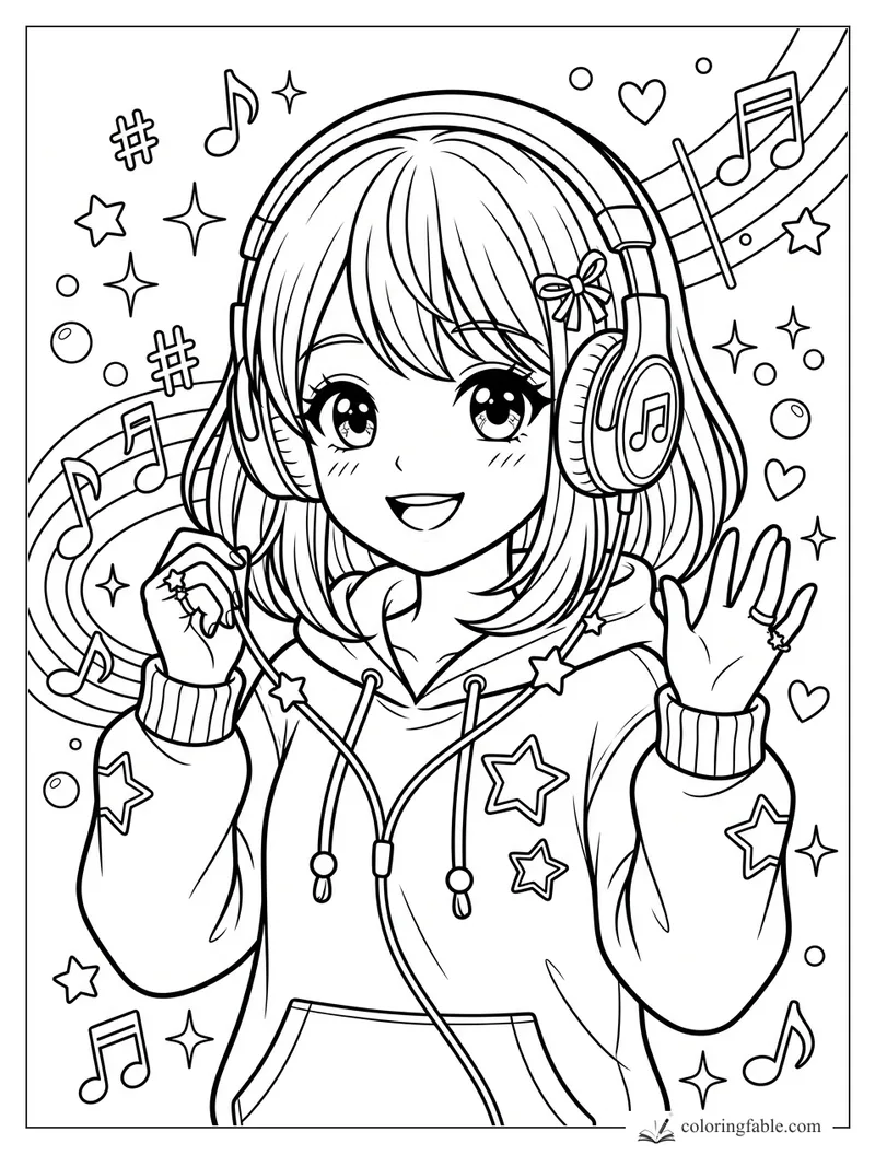 Manga girl in headphones and star hoodie waves amid music notes, hearts, bubbles, and sparkles.