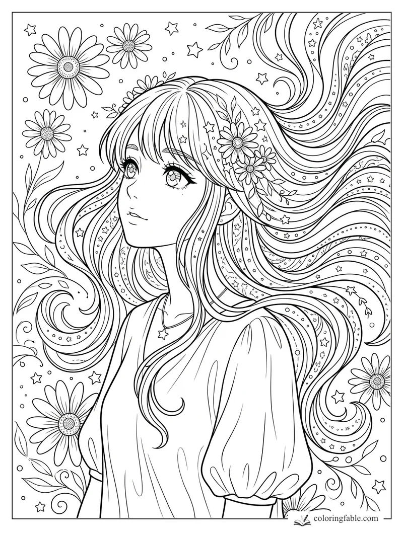 Intricate manga girl with long flowing star-filled hair, daisy flowers, vines, and a star necklace.