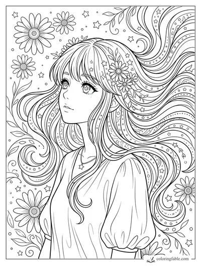 Intricate manga girl with long flowing star-filled hair, daisy flowers, vines, and a star necklace.